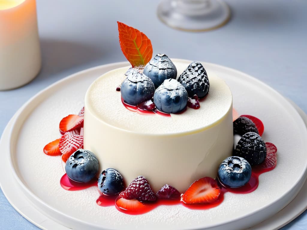  A photorealistic image of a decadent, yet healthy, Panna Cotta Fit dessert elegantly presented on a modern, minimalist plate. The creamy panna cotta is perfectly set and topped with a vibrant raspberry coulis swirl, fresh berries, and delicate mint leaves for a pop of color. The background is softly blurred to keep the focus on the exquisite dessert, highlighting its smooth texture and inviting appeal. hyperrealistic, full body, detailed clothing, highly detailed, cinematic lighting, stunningly beautiful, intricate, sharp focus, f/1. 8, 85mm, (centered image composition), (professionally color graded), ((bright soft diffused light)), volumetric fog, trending on instagram, trending on tumblr, HDR 4K, 8K