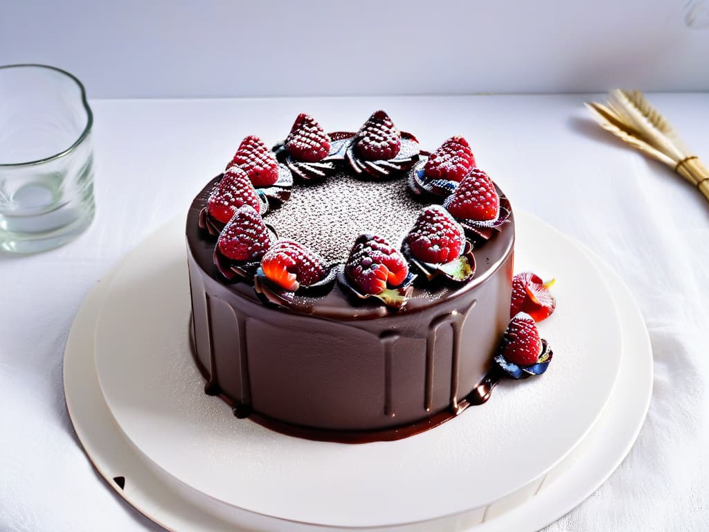  A visually striking, minimalist image of a decadent dairyfree chocolate cake topped with fresh raspberries, presented on a sleek, modern white plate against a simple, uncluttered background. The cake is rich and moist, with a glossy ganache glaze that glistens in the light, while the vibrant red berries provide a pop of color and freshness. The overall aesthetic is clean, elegant, and inviting, perfectly encapsulating the idea of intense flavors in dairyfree desserts. hyperrealistic, full body, detailed clothing, highly detailed, cinematic lighting, stunningly beautiful, intricate, sharp focus, f/1. 8, 85mm, (centered image composition), (professionally color graded), ((bright soft diffused light)), volumetric fog, trending on instagram, trending on tumblr, HDR 4K, 8K