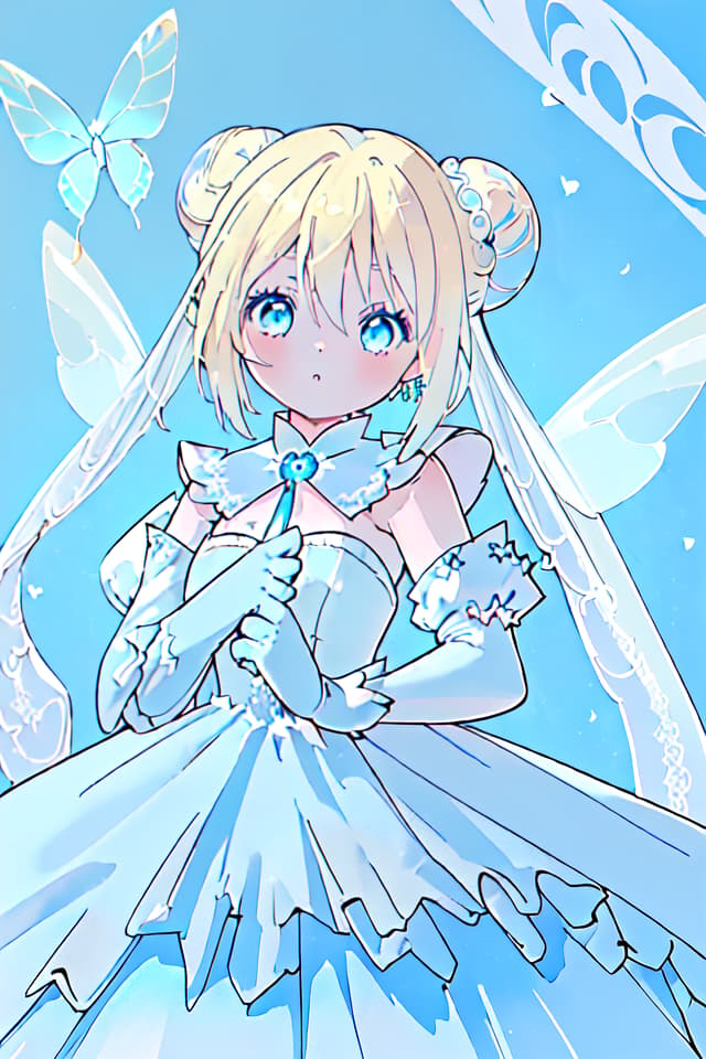  (Shiny butterfly,magic effect,pixiv,masterpiece,ultimate quality,8K wallpaper,1 girl),((blond hair,bun hair combined in one,blue eye)),((((blue pap sleeve wedding dress,light blue gloves,))),(blue hour),(luxurious castle background),