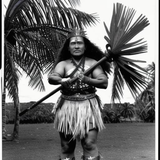  Pasifika woman in armour holding polynesian war club