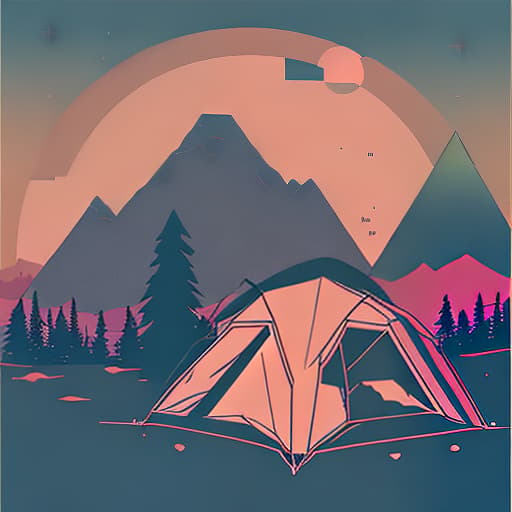 nvinkpunk Whimsical mountains with trees, camping tent and campfire