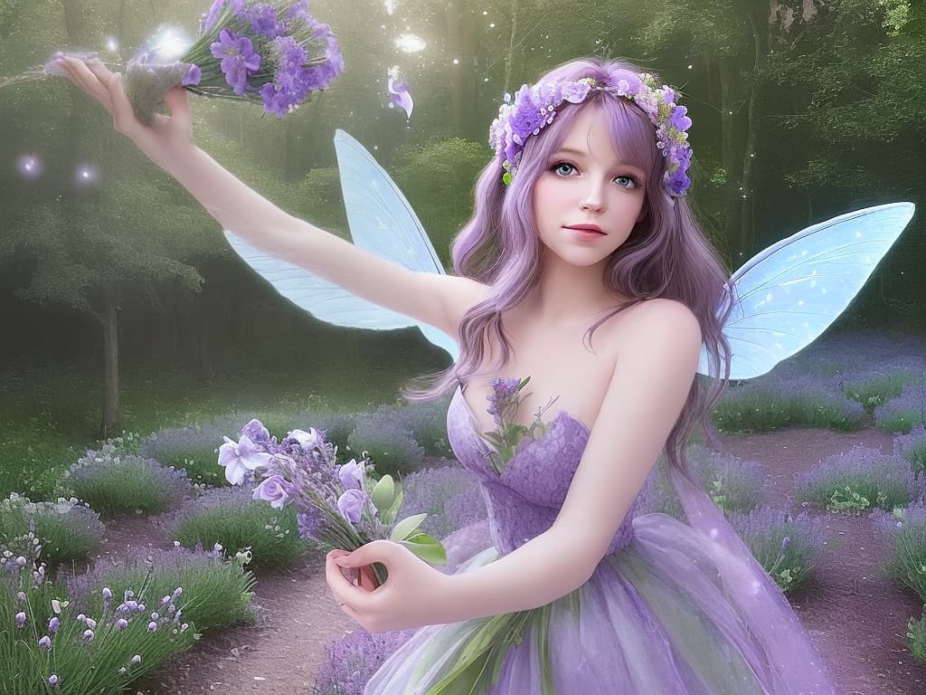  a beautiful realistic fairy, flying through a forest, holding a bouquet of lavender flowers, with a fairy forest full of lights in the background