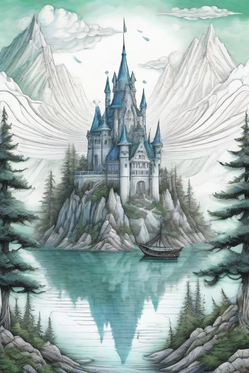  white background, scenery, ink, mountains, water, trees, detailed ink, pen and ink, mail art, best quality, detailed epic ice transparent ethereal otherworldly ghost castle in the blue sky, clouds, smoke, fog, detailed landscape, ghost figures, lake, boat, green forest, detailed flying dragon at the sky, detailed scales, warm lights, glittering, Craola, Dan Mumford, Andy Kehoe, 2d, flat, art on a cracked paper, patchwork, stained glass, cute, adorable, fairytale, storybook detailed illustration, cinematic, ultra highly detailed, tiny details, beautiful details, mystical, luminism, vibrant colors, complex background