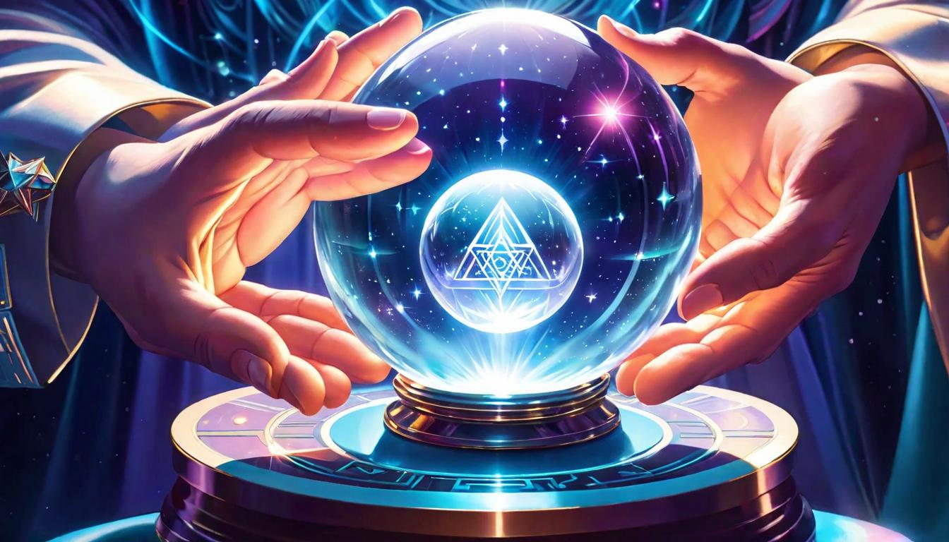  retro futuristic Hands casting soft glow on a crystal ball, angelic symbols hovering, Angelic Reiki in practice, channeling celestial healing lvintage sci fi, 50s and 60s style, atomic age, vibrant, highly detailed