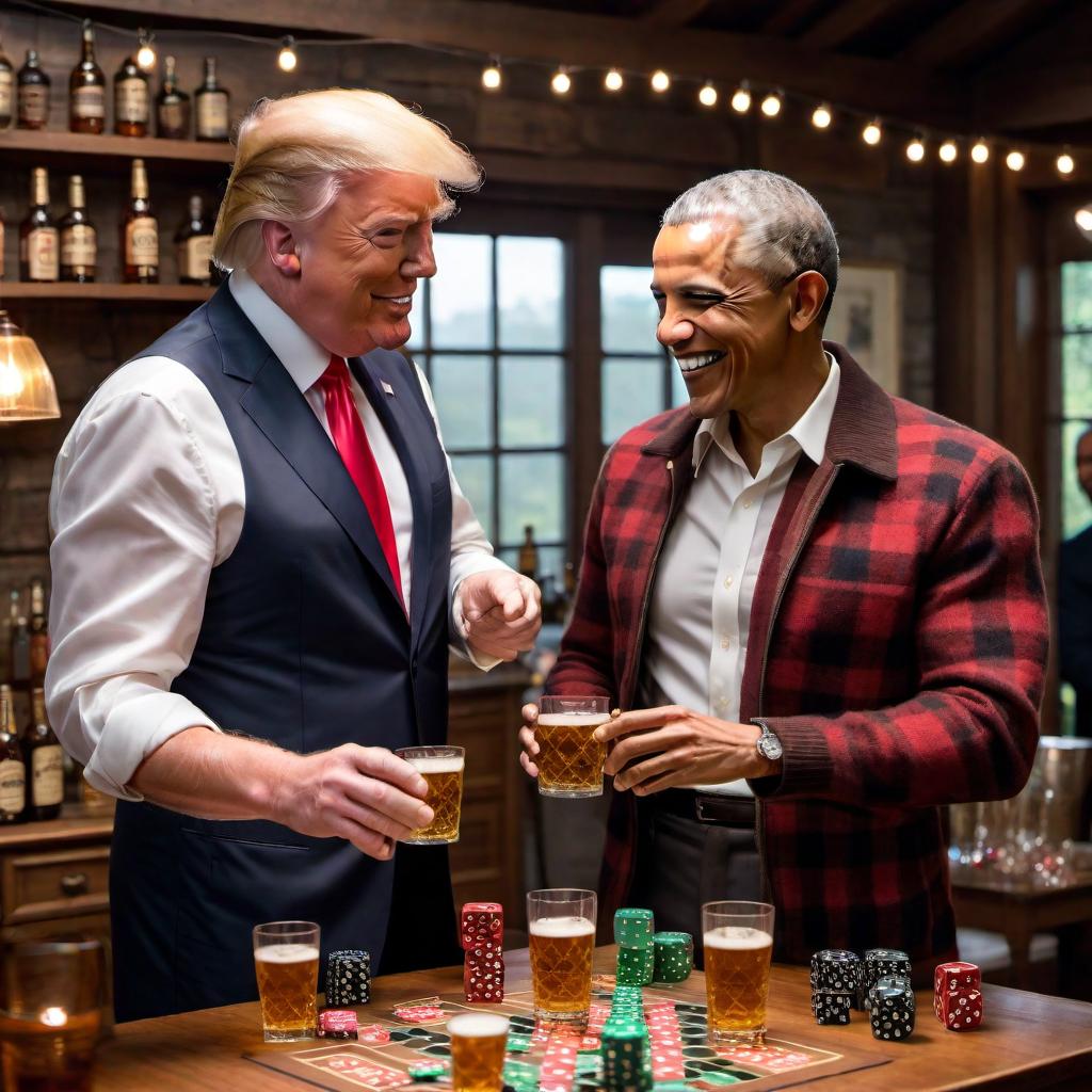  Donald Trump and Barack Obama shooting dice and drinking shots of liquor with glasses of beer at a lively house party. The scene is filled with laughter, colorful decorations, and people enjoying themselves. The room is well-lit with string lights and features a mix of modern and rustic furniture. hyperrealistic, full body, detailed clothing, highly detailed, cinematic lighting, stunningly beautiful, intricate, sharp focus, f/1. 8, 85mm, (centered image composition), (professionally color graded), ((bright soft diffused light)), volumetric fog, trending on instagram, trending on tumblr, HDR 4K, 8K