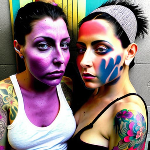  dos mujeres gemelas con tatuajes y pelo violeta