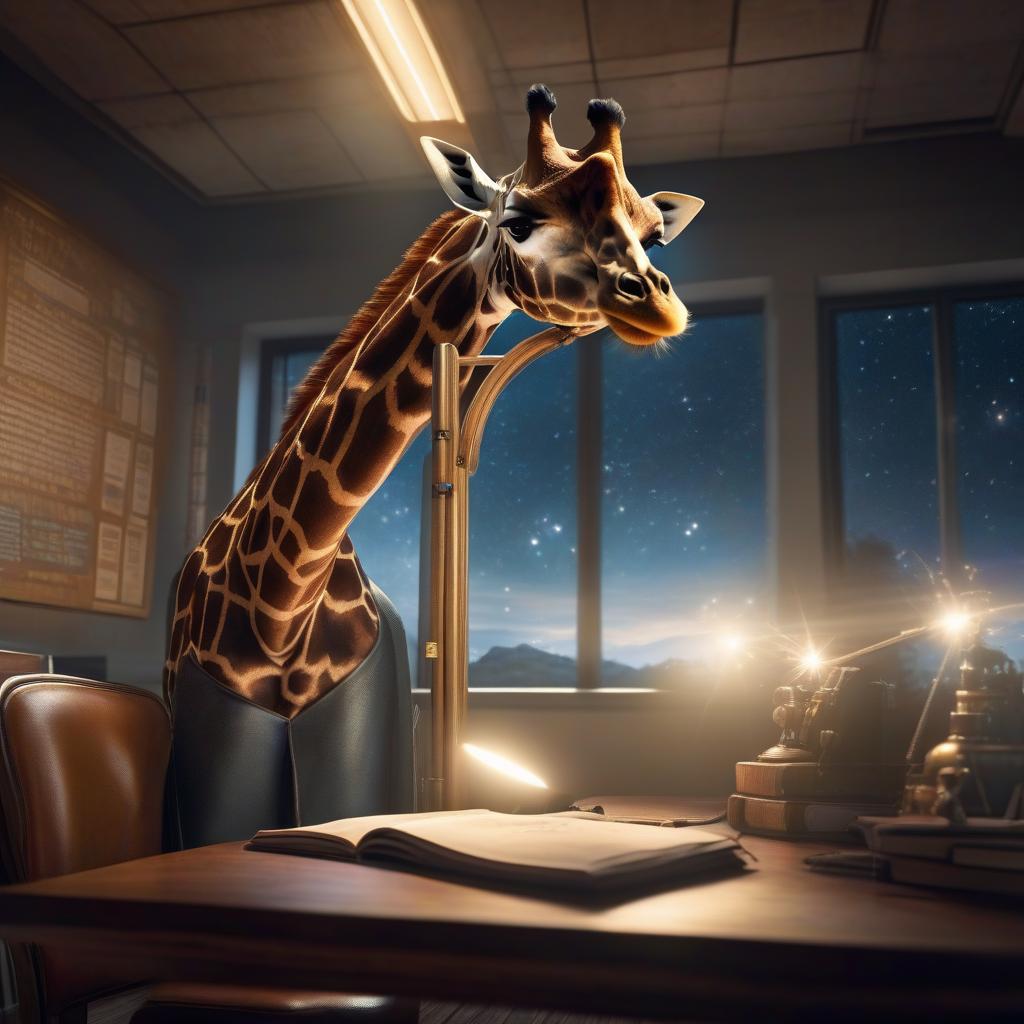  space themed A giraffe is sitting at a school desk. . cosmic, celestial, stars, galaxies, nebulas, planets, science fiction, highly detailed hyperrealistic, full body, detailed clothing, highly detailed, cinematic lighting, stunningly beautiful, intricate, sharp focus, f/1. 8, 85mm, (centered image composition), (professionally color graded), ((bright soft diffused light)), volumetric fog, trending on instagram, trending on tumblr, HDR 4K, 8K