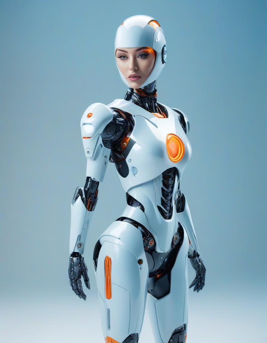  Create an image of a robot woman who is charming and entirely made of glossy plastic. Her overall color is light blue, with some vibrant orange elements accentuating her design. The robot's features are smoothly designed, reflecting a futuristic aesthetic. She stands in a minimalist white room with soft, diffused lighting that enhances her glossy surface and creates subtle reflections. The camera angle is a three quarter view, capturing her from the waist up, allowing for a detailed portrayal of her facial features and the complexity of her design. The image should be photorealistic, showcasing the sleekness and shine of her materials. hyperrealistic, full body, detailed clothing, highly detailed, cinematic lighting, stunningly beautiful, intricate, sharp focus, f/1. 8, 85mm, (centered image composition), (professionally color graded), ((bright soft diffused light)), volumetric fog, trending on instagram, trending on tumblr, HDR 4K, 8K