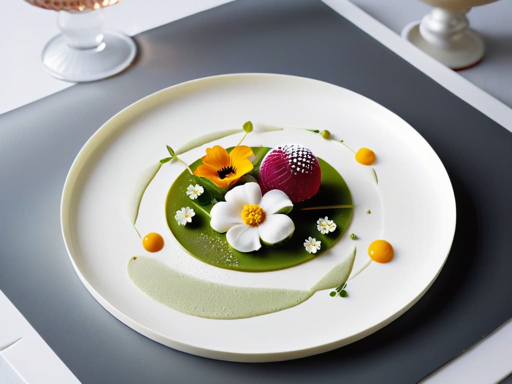  An ultradetailed image showcasing a sleek, minimalist dessert plate featuring intricate molecular gastronomy elements. The dish includes a visually striking combination of delicate spheres, foams, and edible flowers, all meticulously arranged on a pristine white plate. The textures are exquisite, with glossy glazes, airy foams, and precise geometric shapes creating a visually stunning and innovative dessert presentation. The lighting is soft, highlighting the intricate details and vibrant colors of the molecular gastronomy creations, making this image both elegant and visually captivating for the readers of the article. hyperrealistic, full body, detailed clothing, highly detailed, cinematic lighting, stunningly beautiful, intricate, sharp focus, f/1. 8, 85mm, (centered image composition), (professionally color graded), ((bright soft diffused light)), volumetric fog, trending on instagram, trending on tumblr, HDR 4K, 8K