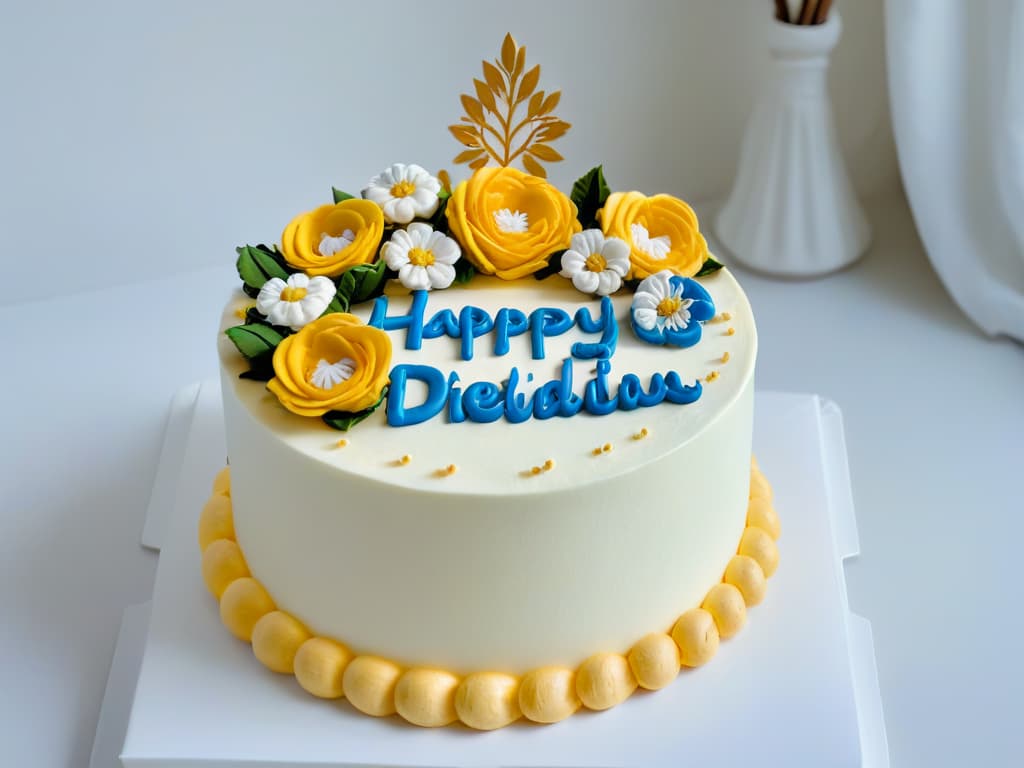  A closeup, ultradetailed image of a beautifully decorated cake with intricate piping designs spelling out popular hashtags like #ReposteríaCreativa, #DulcesDelicias, and #PostresExquisitos. The cake is set on a marble countertop with soft, natural lighting casting gentle shadows, highlighting the precision and artistry of the pastry chef's work. Each hashtag is adorned with delicate sugar flowers, adding a touch of elegance and whimsy to the overall composition. hyperrealistic, full body, detailed clothing, highly detailed, cinematic lighting, stunningly beautiful, intricate, sharp focus, f/1. 8, 85mm, (centered image composition), (professionally color graded), ((bright soft diffused light)), volumetric fog, trending on instagram, trending on tumblr, HDR 4K, 8K