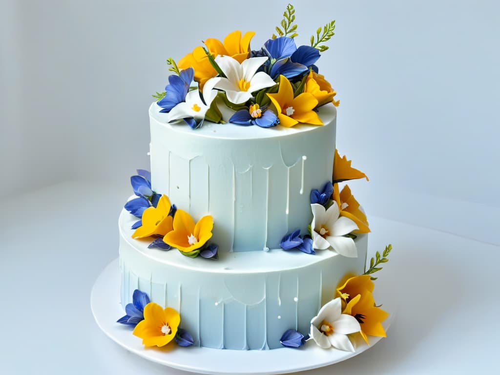  An ultradetailed image showcasing a multilayered cake with intricate textures, including smooth fondant, delicate piping details, and edible flowers cascading down the side. The cake is elegantly displayed on a sleek, modern cake stand against a clean, white background, highlighting the artistry and craftsmanship involved in creating stunning textured layers in baking. hyperrealistic, full body, detailed clothing, highly detailed, cinematic lighting, stunningly beautiful, intricate, sharp focus, f/1. 8, 85mm, (centered image composition), (professionally color graded), ((bright soft diffused light)), volumetric fog, trending on instagram, trending on tumblr, HDR 4K, 8K