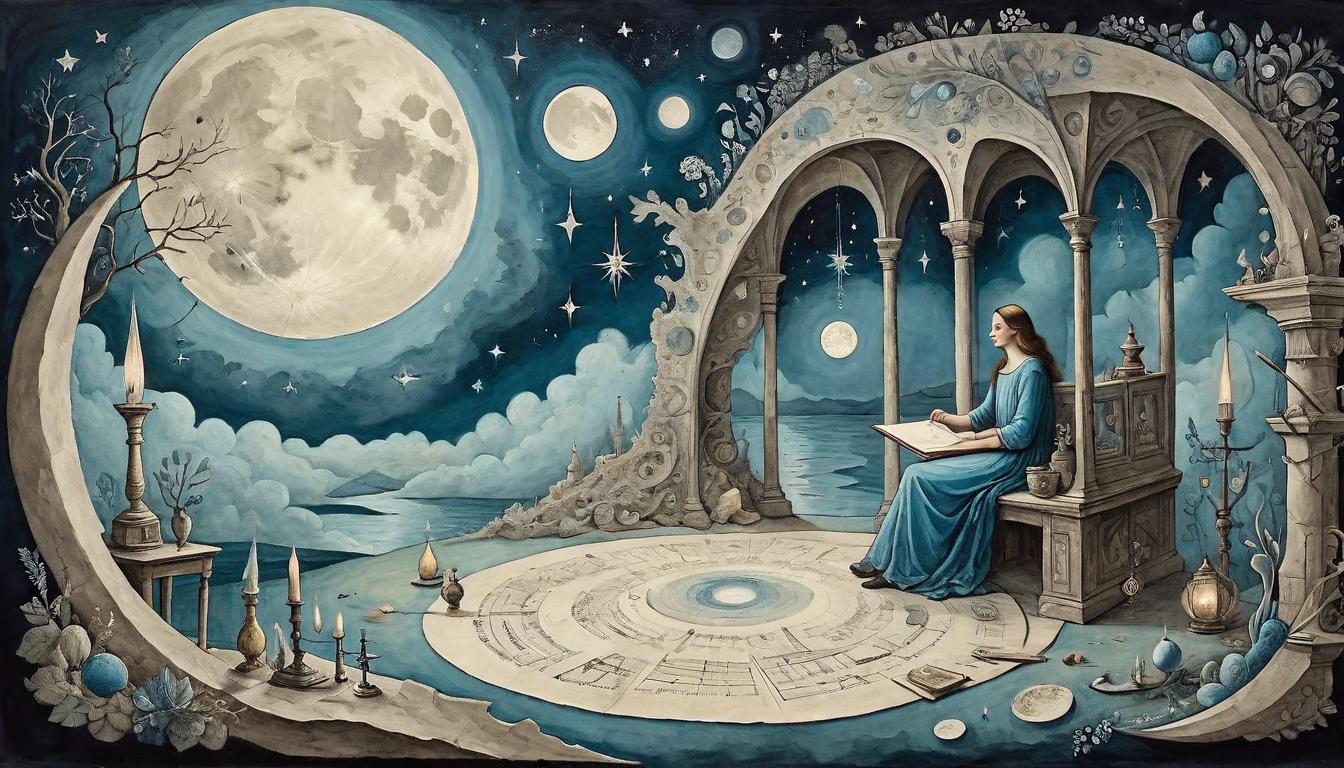  on parchment, surrealism+++, A painter in a moonlit studio, canvas reflecting a tapestry of dreams, surrounded by discarded sketches, solitude of creation, persistence in illumination, magic of unforeseen connections, moon's muse, creativity in seclusion.(mysterious, provocative, symbolic,muted color)+++