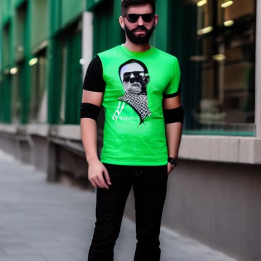  hombre con pasamontañas con media cara gafas oscuras con una camiseta verde oscuro sin chaqueta con pantalones negros de traje con zapatos negro con cabello corto negro con brazalete de cuero