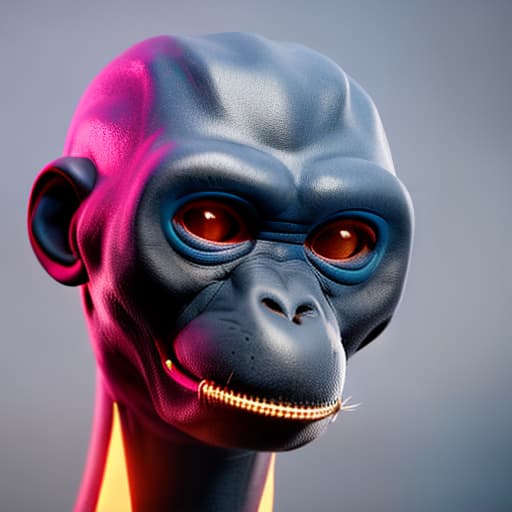 redshift style an anthropomorphic blue rubber latex monkey head, blue bald rubber skin rubber face with dark amber large eyes, in the dark, with darkness in the background hyperrealistic, full body, detailed clothing, highly detailed, cinematic lighting, stunningly beautiful, intricate, sharp focus, f/1. 8, 85mm, (centered image composition), (professionally color graded), ((bright soft diffused light)), volumetric fog, trending on instagram, trending on tumblr, HDR 4K, 8K