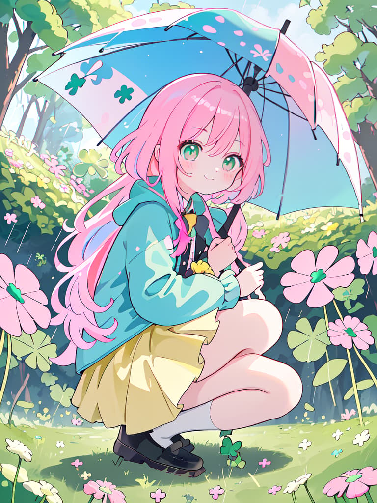  ultra detailed:1.2,masterpiece:1.2,best quality,masterpiece,bestquality,hdr:1.1,8k:1.1,very cute girl:1.3,(clover field:1.3),search a green clover:1.3,holding clover:1.4,holding umbrella:1.3,heavy rain:1.3,rainbow:1.2,(checkerd pattern,big umbrella :1.1),(pink hair:1.3),happy smile:1.3,(squatting,kneeling:1.4)from below:1.2,from side,looking down,closed mouth:1.1,face focus:1.5,yellow raincoat:1.1,Dutch angle:1.3, masterpiece, best quality,8k,ultra detailed,high resolution,an extremely delicate and beautiful,hyper detail