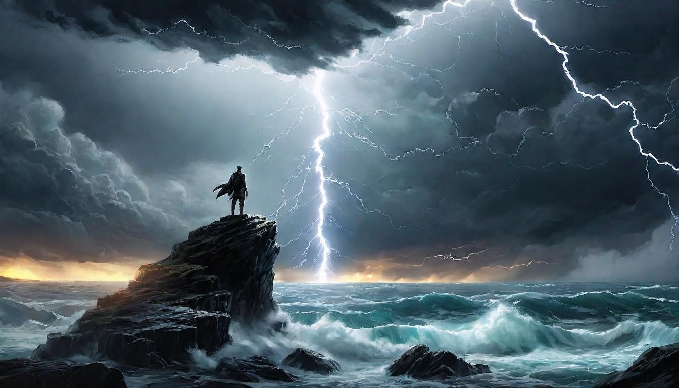  digital illustration, A figure stands at the edge of a cliff, overlooking a stormy sea, lightning illuminating the dark, transformation in solitude, unyielding resolve, elemental ordeal., looking at viewer, dynamic pose, (intricate details, masterpiece, best quality)