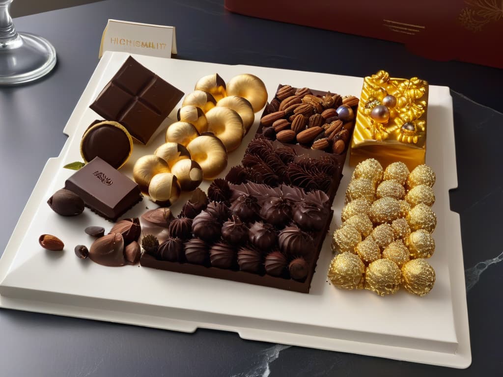  A closeup, ultradetailed image of a luxurious spread of various types of highquality Belgian and Swiss chocolates beautifully arranged on a sleek, modern marble serving board. The chocolates are elegantly decorated with delicate swirls, nuts, and edible gold leaf, showcasing the rich diversity and exquisite craftsmanship of both Belgian and Swiss chocolatemaking traditions. The image is captured with such precision that each individual chocolate piece appears almost lifelike, inviting the viewer to savor the visual richness and sophistication of these delectable treats. hyperrealistic, full body, detailed clothing, highly detailed, cinematic lighting, stunningly beautiful, intricate, sharp focus, f/1. 8, 85mm, (centered image composition), (professionally color graded), ((bright soft diffused light)), volumetric fog, trending on instagram, trending on tumblr, HDR 4K, 8K