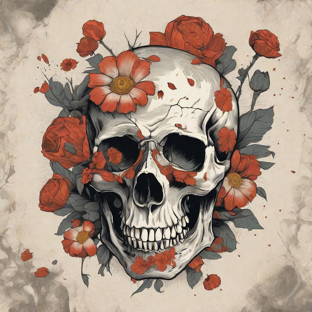  masterpiece, best quality, skull, with a dying flower that has petals falling down