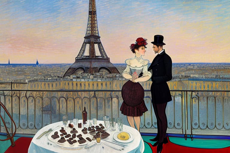  attractive young Parisian couple dressed in modern designer outfits who are romantically together in Paris. Foreground a small plate of fine dark chocolates on a bedside table. Background dusk with a lite Eiffel Tour Monument. Painting style of Henri de Toulouse-Lautrec