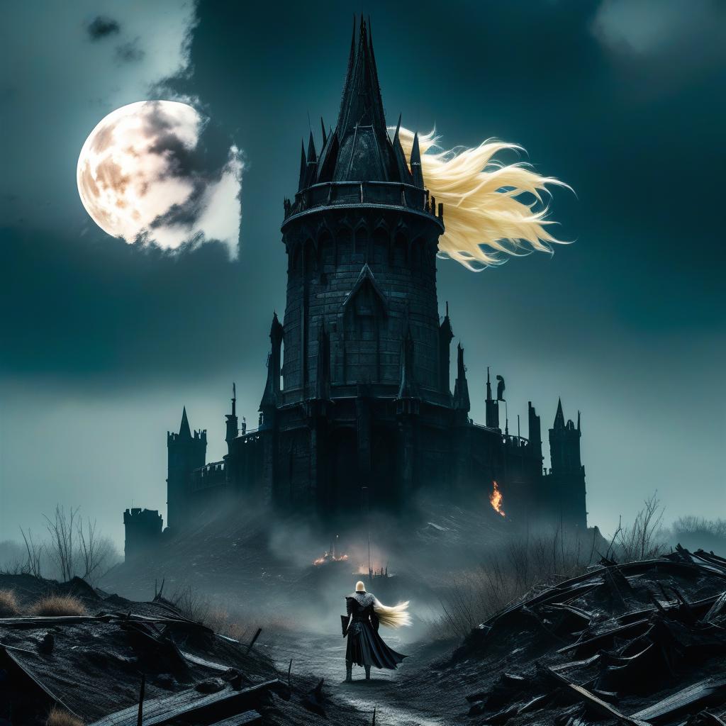  dystopian style Scene, close up, bird's eye view, there is a black Gothic tower with a balcony in the right lower corner, on which a girl in a white dress, with blond hair and bare feet, stands. From the upper left corner, along the dark burnt black field, a knight in black armor gallops towards the tower at night under a full moon. The frame must have a knight in black armor. . bleak, post apocalyptic, somber, dramatic, highly detailed hyperrealistic, full body, detailed clothing, highly detailed, cinematic lighting, stunningly beautiful, intricate, sharp focus, f/1. 8, 85mm, (centered image composition), (professionally color graded), ((bright soft diffused light)), volumetric fog, trending on instagram, trending on tumblr, HDR 4K, 8K