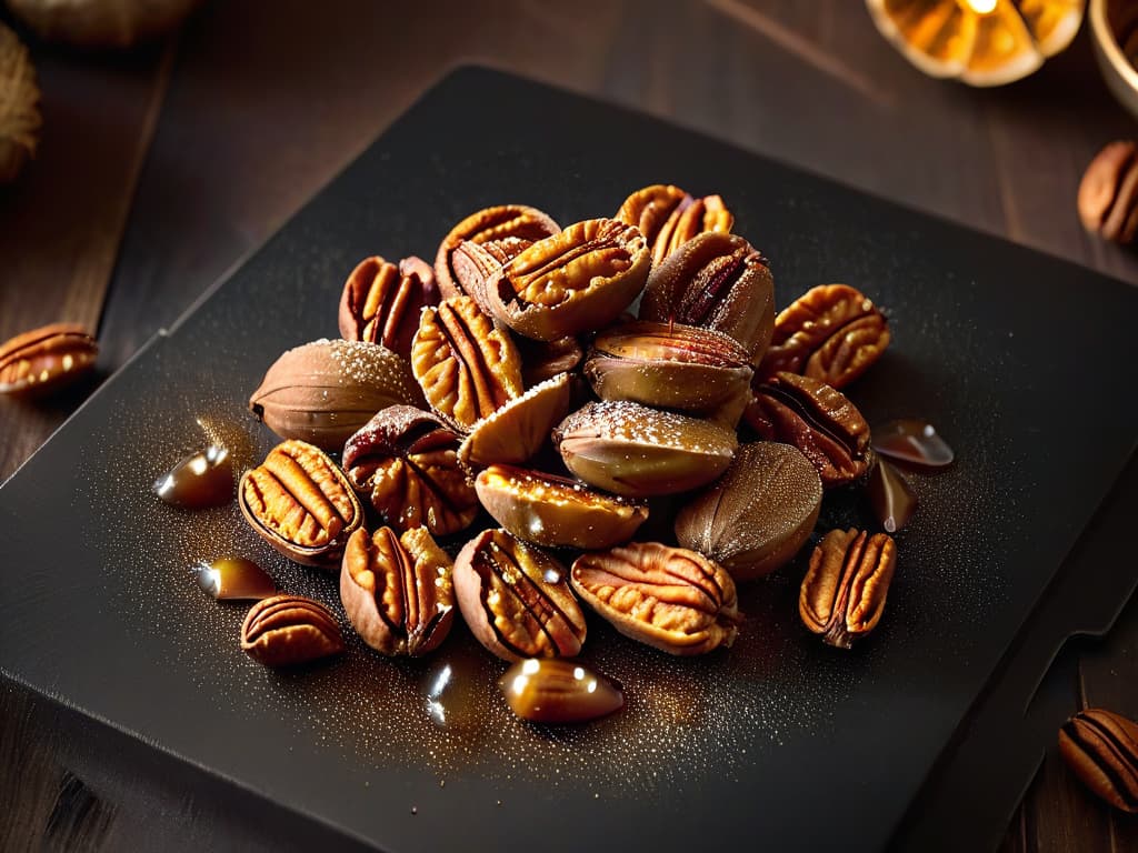  An image of a closeup shot of a golden caramelized pecan half, with visible sugary crystals glistening under a warm light, showcasing the intricate texture and rich color of the candied nut. The background is softly blurred to emphasize the details of the caramelization process, highlighting the glossy sheen and the delicate cracks on the surface of the nut. The composition exudes warmth and indulgence, inviting the viewer to savor the sweet and nutty flavors of caramelized pecans in their culinary creations. hyperrealistic, full body, detailed clothing, highly detailed, cinematic lighting, stunningly beautiful, intricate, sharp focus, f/1. 8, 85mm, (centered image composition), (professionally color graded), ((bright soft diffused light)), volumetric fog, trending on instagram, trending on tumblr, HDR 4K, 8K