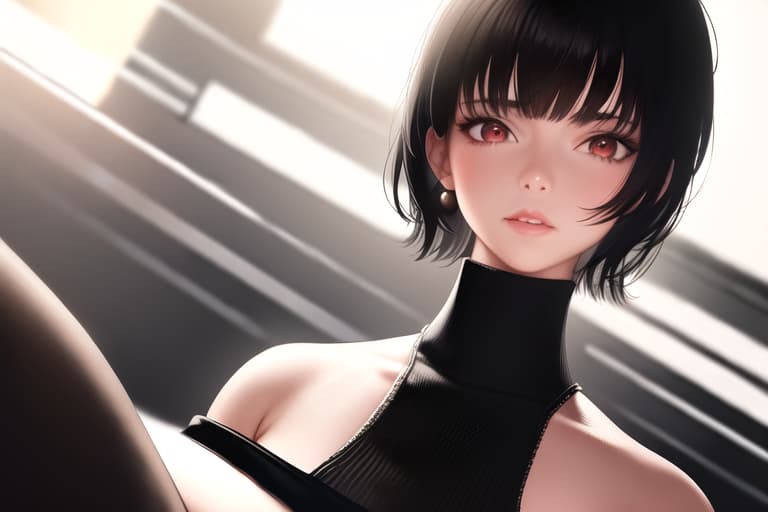  ,blunt bangs,short hair,large s,black hair,red eyes,turtleneck sweater,sleeveless sweater,white sweater,black ,mini pleated ,black thighhighs,brown boots,, (Masterpiece, BestQuality:1.3), (ultra detailed:1.2), (hyperrealistic:1.3), (RAW photo:1.2),High detail RAW color photo, professional photograph, (Photorealistic:1.4), (realistic:1.4), ,professional lighting, (japanese), beautiful face, (realistic face)