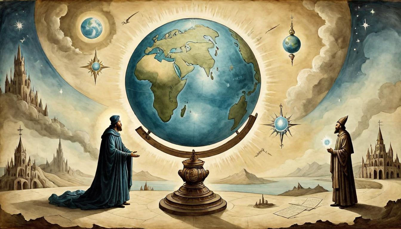  on parchment, surrealism+++, A globe of light held between two shadowy figures, transferring energy, divine mandate embodied, healing the world, interconnectedness, unity of purpose(mysterious, provocative, symbolic,muted color)+++