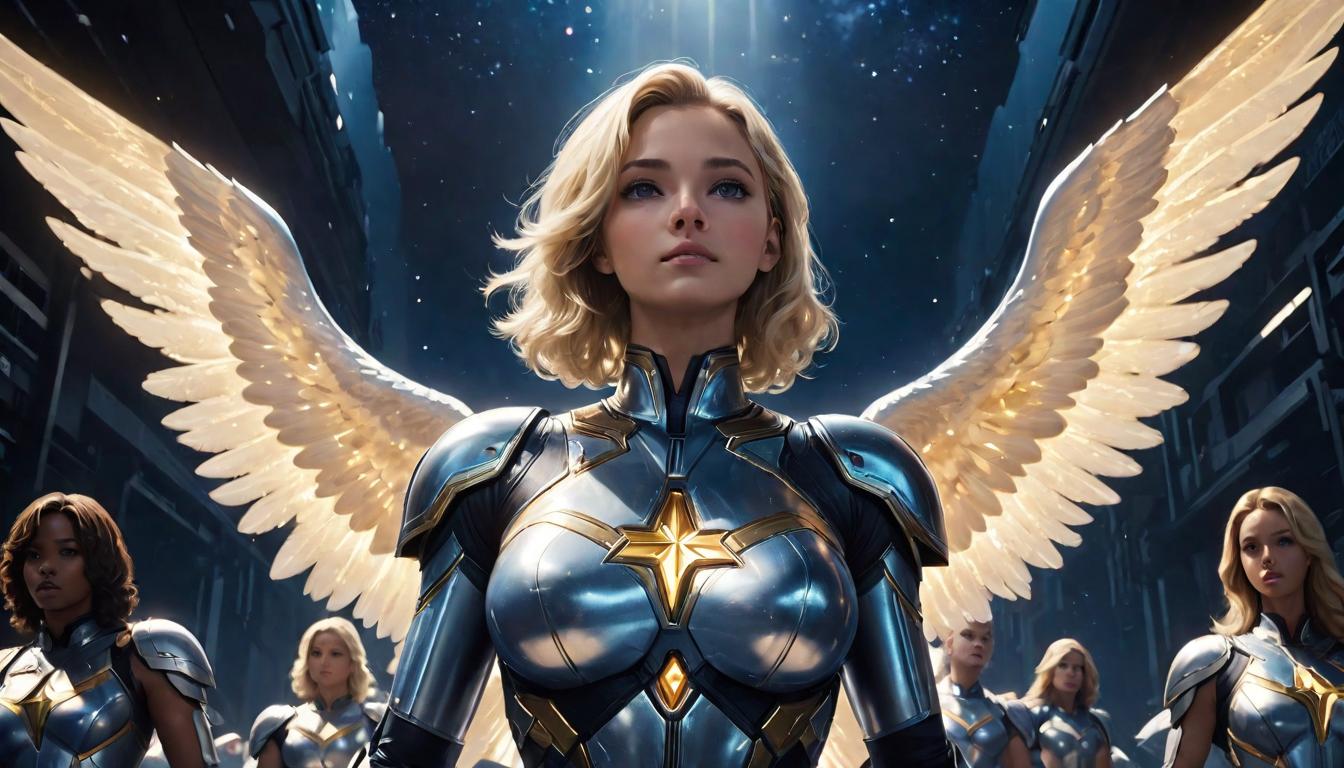  Arian female, large busted, blonde, surrounded by a hidden choir of angels, lifted spirits, beneath a starry sky, high tech clothing clad in sleek, futuristic costume with metallic accents and form fitting designs, marvel superhero comics style, unreal engine rendering