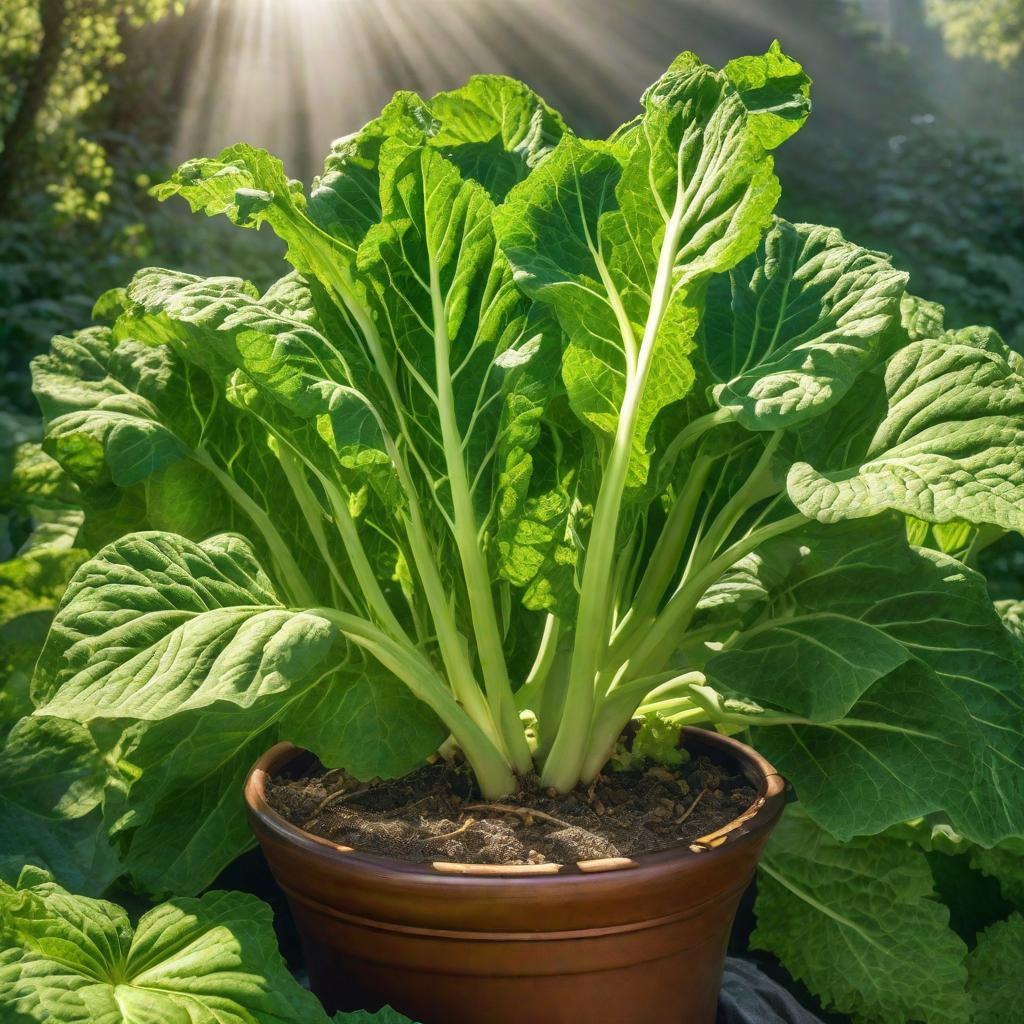  A SINGLE HUGE VERY WRINKLED GREEN RHUBARB IN A POT. INTENSE SUNLIGHT SHINING THROUGH THE LEAVES. SPRING., realistic, portrait, art by donato giancola and greg rutkowski, realistic face, digital art, trending on artstation hyperrealistic, full body, detailed clothing, highly detailed, cinematic lighting, stunningly beautiful, intricate, sharp focus, f/1. 8, 85mm, (centered image composition), (professionally color graded), ((bright soft diffused light)), volumetric fog, trending on instagram, trending on tumblr, HDR 4K, 8K