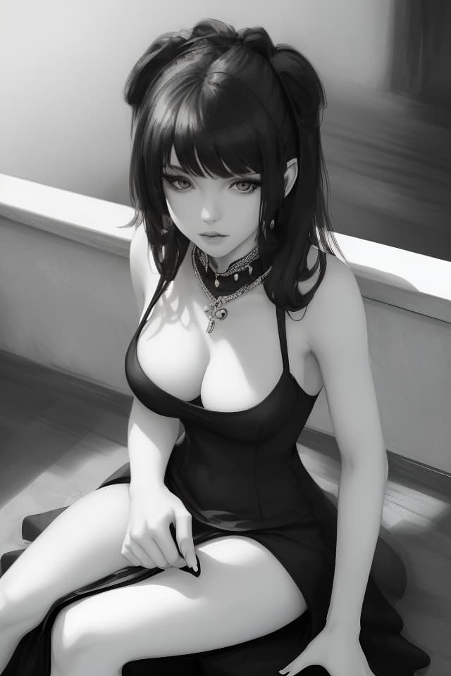  Black and white monochrome ((wearing a black dress)) (Black and White Monochrome Illustration) (Cool Beautiful Girl) IR, Cool, Nice Body, Sitting on Stair (Close Up of Upper Body) High Quality, 8k, 16k