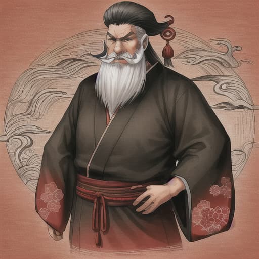  old man, Japanese outfits, serious face, long thin beard and mustache