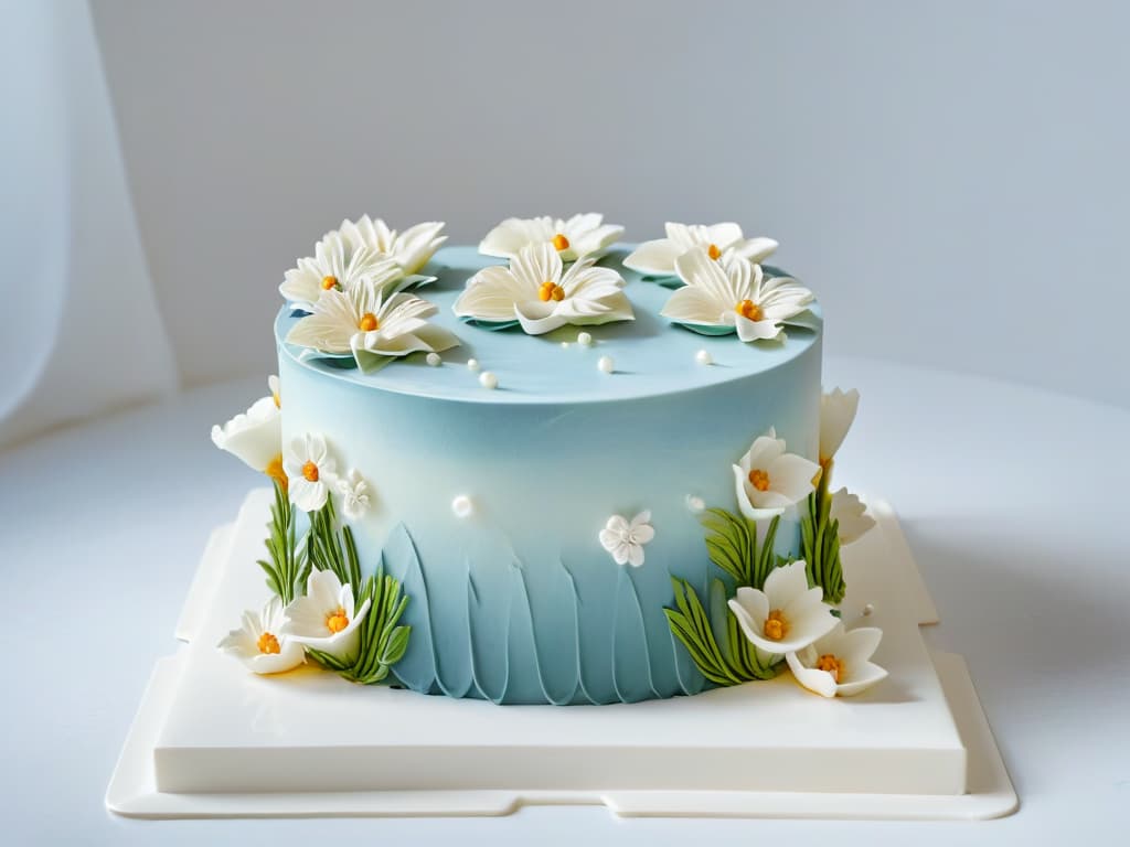  A minimalistic image showcasing a beautifully decorated cake with intricate piping details, delicate fondant flowers, and elegant edible pearls on a sleek marble countertop. The cake is perfectly lit to highlight its textures and colors, creating a visually stunning and inspiring representation of the artistry involved in pastry competitions. hyperrealistic, full body, detailed clothing, highly detailed, cinematic lighting, stunningly beautiful, intricate, sharp focus, f/1. 8, 85mm, (centered image composition), (professionally color graded), ((bright soft diffused light)), volumetric fog, trending on instagram, trending on tumblr, HDR 4K, 8K