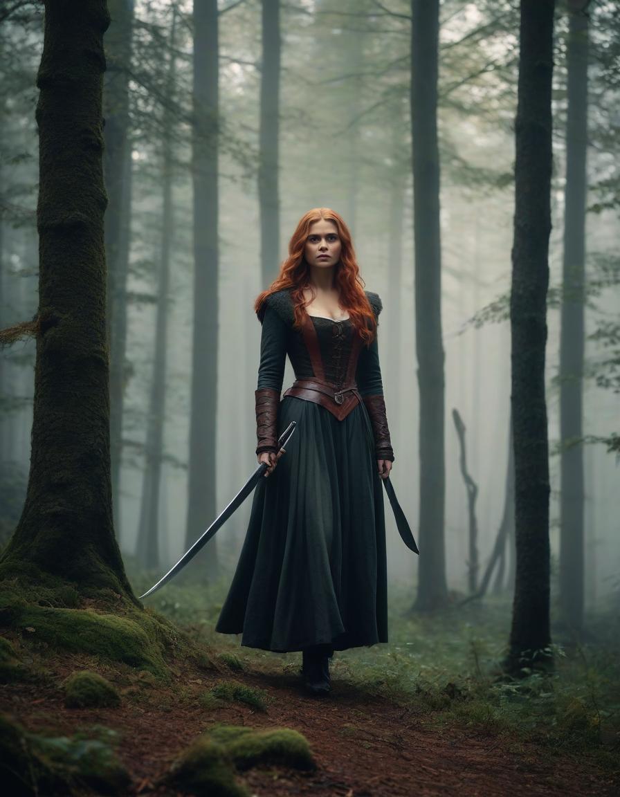  cinematic film still The era of medieval wars, a frame from a film, the most detailed image, cloudy and foggy autumn morning, rain, Chloe Grace Moretz with long light red hair, in a dark forest robber costume, holding a hunting knife in her right hand, with a combat dynamic expressive pose, prepared for battle, forest, maximum detail, especially carefully drawn faces, the maximum correspondence of historical medieval clothes, small details, the most correct anatomy, . shallow depth of field, vignette, highly detailed, high budget, bokeh, cinemascope, moody, epic, gorgeous, film grain, grainy hyperrealistic, full body, detailed clothing, highly detailed, cinematic lighting, stunningly beautiful, intricate, sharp focus, f/1. 8, 85mm, (centered image composition), (professionally color graded), ((bright soft diffused light)), volumetric fog, trending on instagram, trending on tumblr, HDR 4K, 8K