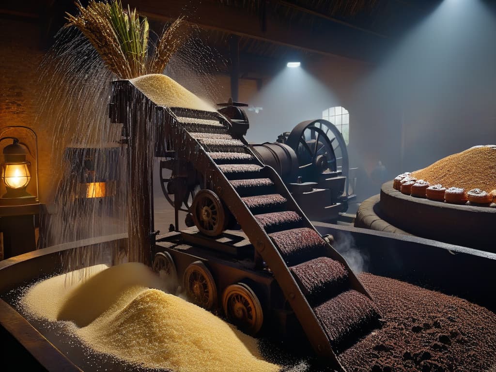  A minimalist and elegant image of a vintage sugar cane mill, showcasing the intricate mechanical details and the historical significance of sugar production in the context of pastrymaking throughout history. The image features a closeup view of the gears and cogs turning, with a soft, warm lighting that enhances the textures and highlights the craftsmanship of the machinery. The overall color palette is muted with subtle earth tones to evoke a sense of nostalgia and tradition, perfectly complementing the informative and professional tone of the article on the importance of sugar in pastry. hyperrealistic, full body, detailed clothing, highly detailed, cinematic lighting, stunningly beautiful, intricate, sharp focus, f/1. 8, 85mm, (centered image composition), (professionally color graded), ((bright soft diffused light)), volumetric fog, trending on instagram, trending on tumblr, HDR 4K, 8K