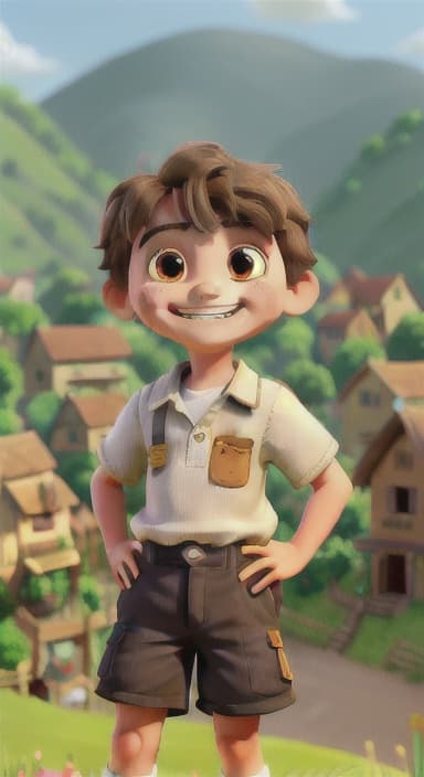  {A lively village with hills, a looking out with a grin., The boy has short brown hair, big wide eyes, and wears a simple shirt and shorts. The villagers have colorful clothes and happy faces.