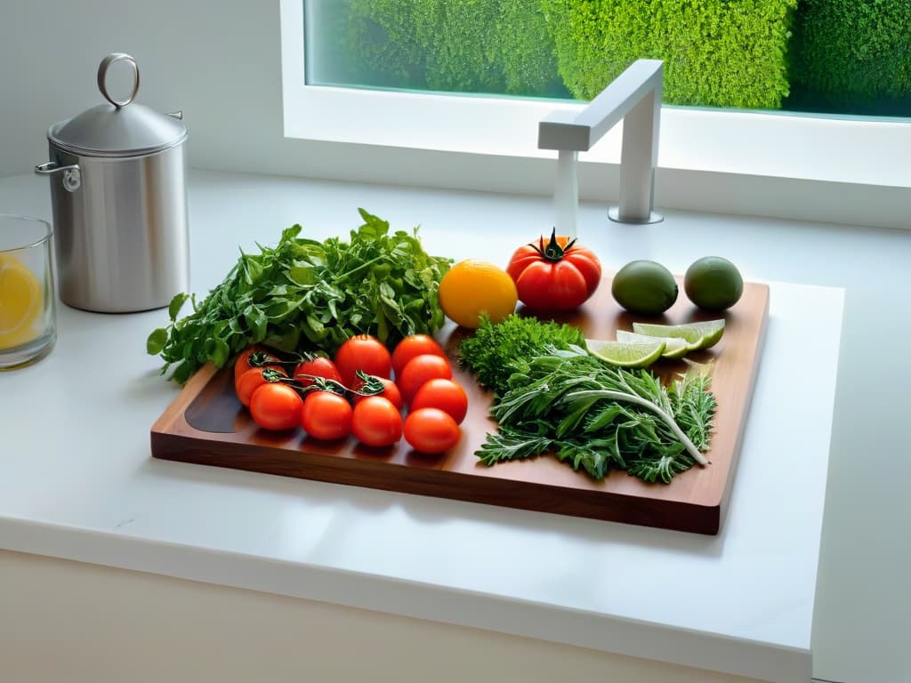  A highresolution image of a serene, minimalist kitchen retreat with a sleek marble countertop, stainless steel appliances, and a large window overlooking a lush green garden. The focus is on a wooden cutting board with vibrant, fresh ingredients like tomatoes, herbs, and citrus fruits neatly arranged, conveying a sense of tranquility and culinary inspiration. hyperrealistic, full body, detailed clothing, highly detailed, cinematic lighting, stunningly beautiful, intricate, sharp focus, f/1. 8, 85mm, (centered image composition), (professionally color graded), ((bright soft diffused light)), volumetric fog, trending on instagram, trending on tumblr, HDR 4K, 8K