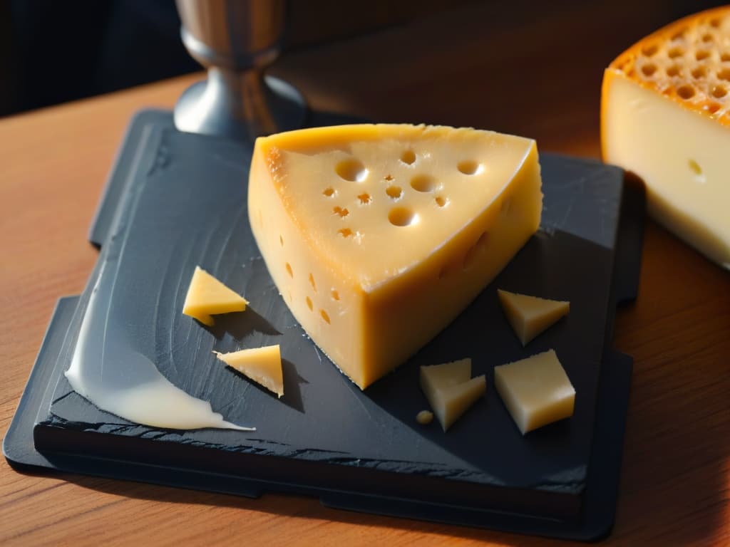  A closeup, ultradetailed image of a slice of Manchego cheese with intricate patterns and textures, showcasing its golden hue and small irregular holes, set on a sleek, modern slate cheese board. The lighting highlights the glossy surface of the cheese, emphasizing its richness and quality. The background is softly blurred to keep the focus solely on the exquisite details of the Manchego slice. hyperrealistic, full body, detailed clothing, highly detailed, cinematic lighting, stunningly beautiful, intricate, sharp focus, f/1. 8, 85mm, (centered image composition), (professionally color graded), ((bright soft diffused light)), volumetric fog, trending on instagram, trending on tumblr, HDR 4K, 8K