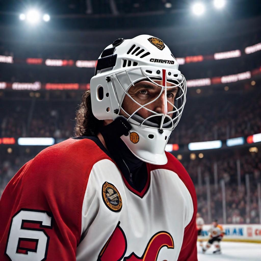  Create an image of Tony Esposito, the legendary NHL goaltender, in his iconic hockey gear on the ice, ready to make a save with his mask on. Capture the intensity and focus in his eyes as he guards the net. hyperrealistic, full body, detailed clothing, highly detailed, cinematic lighting, stunningly beautiful, intricate, sharp focus, f/1. 8, 85mm, (centered image composition), (professionally color graded), ((bright soft diffused light)), volumetric fog, trending on instagram, trending on tumblr, HDR 4K, 8K