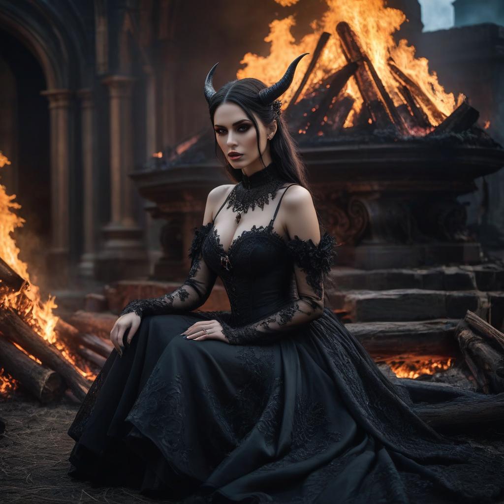  gothic style A very beautiful girl sits near the devil everywhere fire burns. . dark, mysterious, haunting, dramatic, ornate, detailed hyperrealistic, full body, detailed clothing, highly detailed, cinematic lighting, stunningly beautiful, intricate, sharp focus, f/1. 8, 85mm, (centered image composition), (professionally color graded), ((bright soft diffused light)), volumetric fog, trending on instagram, trending on tumblr, HDR 4K, 8K