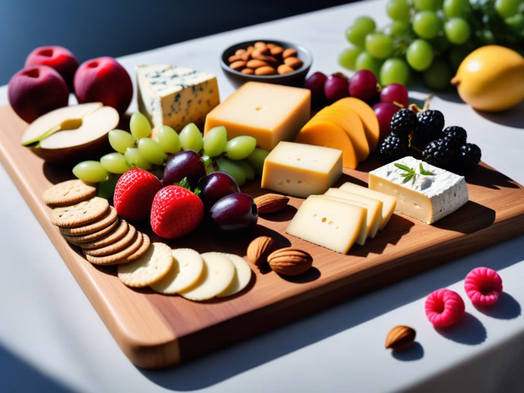  An ultradetailed image of a sleek, modern wooden serving board adorned with an exquisite arrangement of an assortment of artisanal vegan cheeses made from cashews, almonds, and soy. Each cheese is elegantly garnished with fresh fruits, nuts, edible flowers, and a variety of crackers. The background is subtly blurred to keep the focus on the meticulously crafted vegan cheese board, highlighting its textures, colors, and intricate details. hyperrealistic, full body, detailed clothing, highly detailed, cinematic lighting, stunningly beautiful, intricate, sharp focus, f/1. 8, 85mm, (centered image composition), (professionally color graded), ((bright soft diffused light)), volumetric fog, trending on instagram, trending on tumblr, HDR 4K, 8K