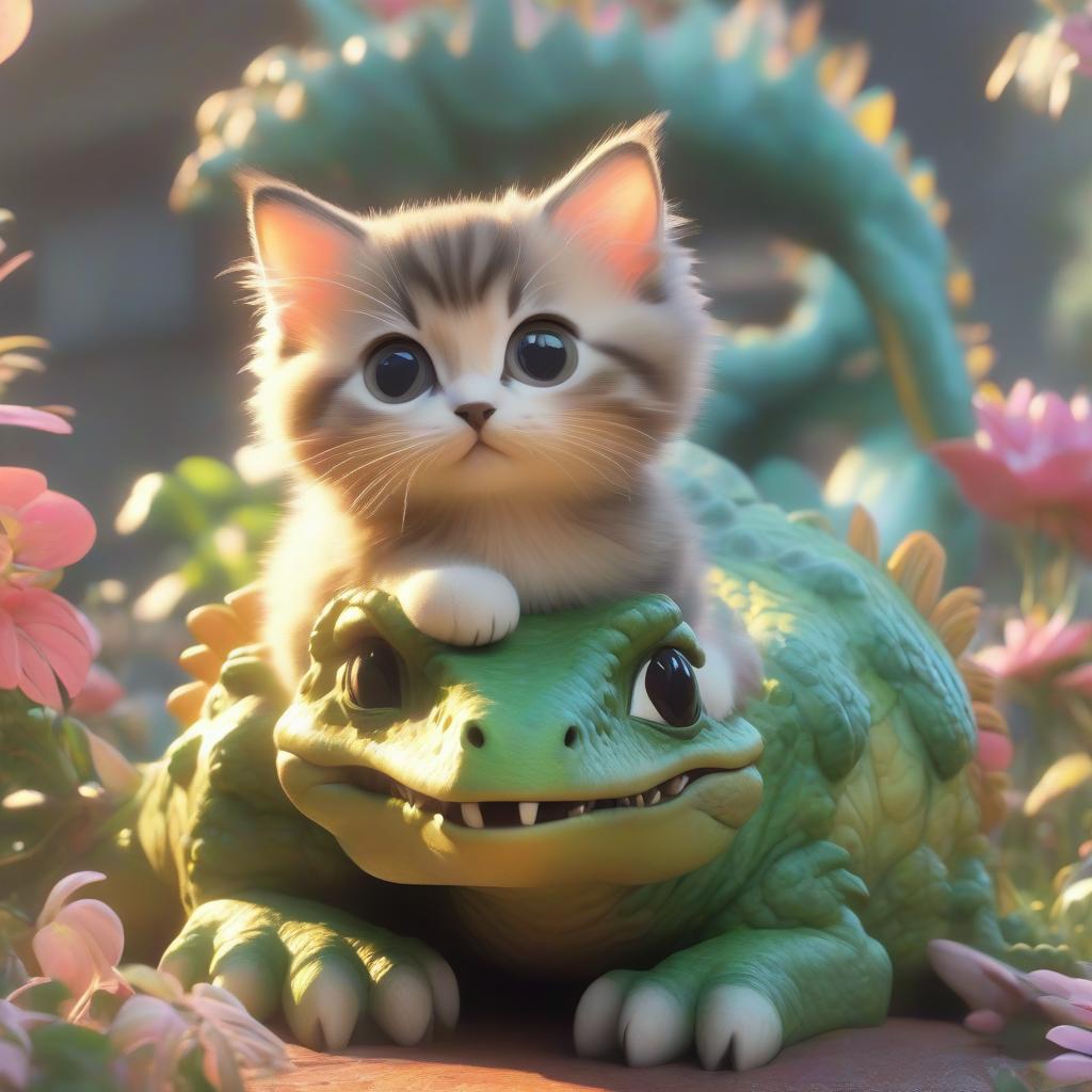  kawaii style A kitten is sitting on a dinosaur. In which context is it used? A kitten is sitting on a dinosaur in a picture or story, suggesting an impossible or surreal situation. . cute, adorable, brightly colored, cheerful, anime influence, highly detailed hyperrealistic, full body, detailed clothing, highly detailed, cinematic lighting, stunningly beautiful, intricate, sharp focus, f/1. 8, 85mm, (centered image composition), (professionally color graded), ((bright soft diffused light)), volumetric fog, trending on instagram, trending on tumblr, HDR 4K, 8K