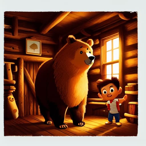  a boy is standing next to a bear, in the cabin, dim light