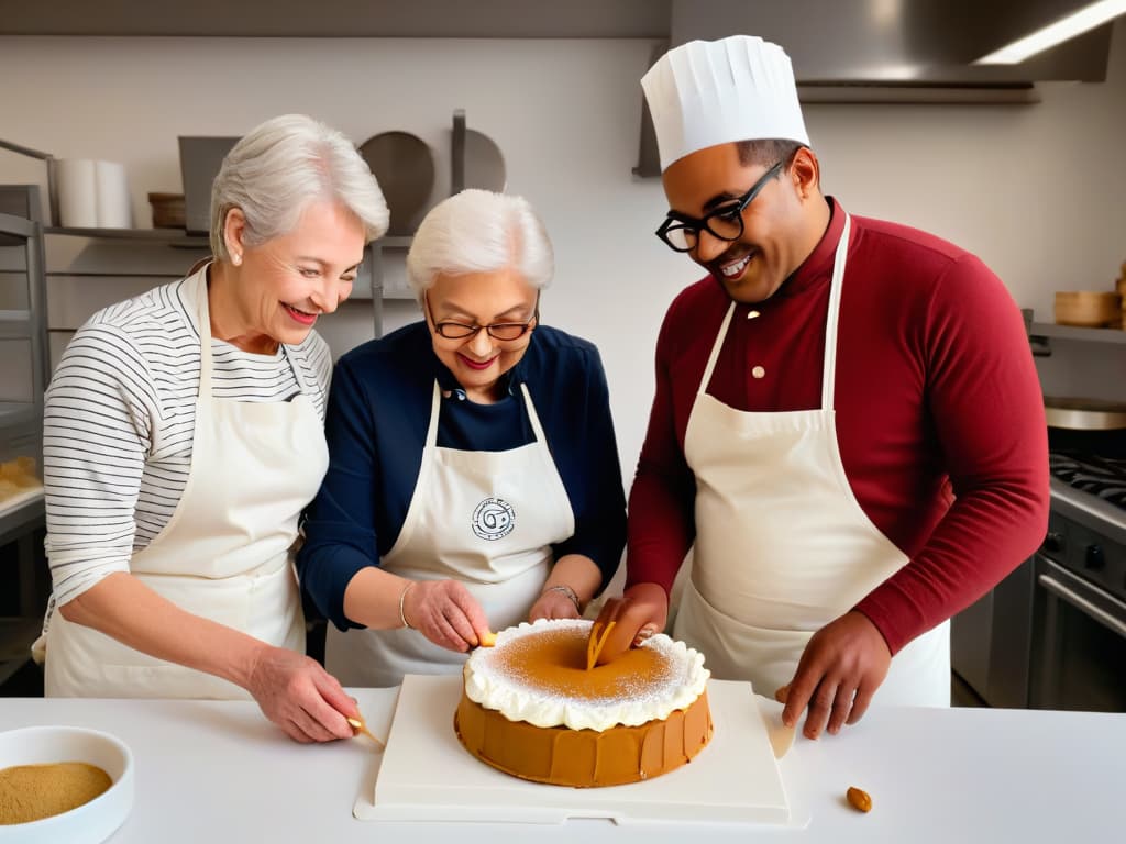  A minimalist illustration showcasing a diverse group of people of different ages, genders, and ethnicities, all happily engaged in a baking workshop together. The image should focus on the hands of the participants as they collaborate on creating a variety of pastries and desserts, symbolizing the unity and inclusivity of accessible baking. The background should be a soft, neutral color to enhance the simplicity and modern aesthetic of the overall composition. hyperrealistic, full body, detailed clothing, highly detailed, cinematic lighting, stunningly beautiful, intricate, sharp focus, f/1. 8, 85mm, (centered image composition), (professionally color graded), ((bright soft diffused light)), volumetric fog, trending on instagram, trending on tumblr, HDR 4K, 8K