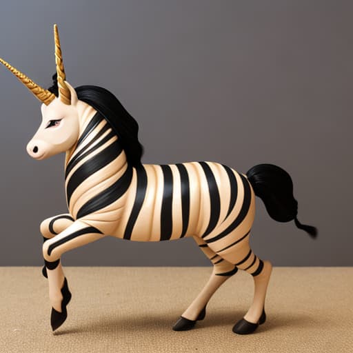  buckskin unicorn whose main and tail are striped tan and black with a gold horn swirled with black