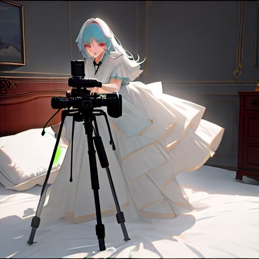  (A girl dressed on is filming herslef on her bed), anime, highly detailed, 4k, high quality, trending on art station hyperrealistic, full body, detailed clothing, highly detailed, cinematic lighting, stunningly beautiful, intricate, sharp focus, f/1. 8, 85mm, (centered image composition), (professionally color graded), ((bright soft diffused light)), volumetric fog, trending on instagram, trending on tumblr, HDR 4K, 8K