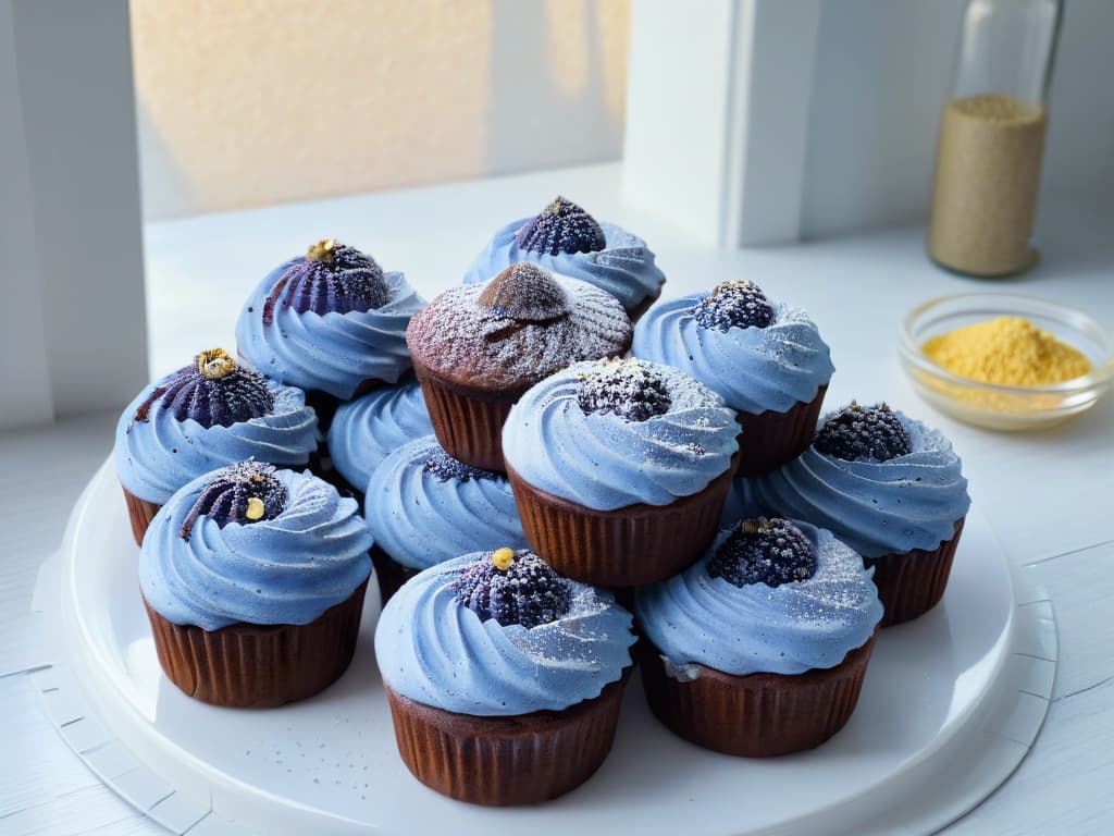  An ultradetailed image of a pristine, minimalist kitchen countertop adorned with a stack of freshly baked blue corn muffins, each one delicately dusted with a sprinkle of gold flakes. The muffins exude a warm, inviting aroma, showcasing a perfect golden crust that contrasts beautifully with the rich blue hue of the cornmeal. Light streams in from a nearby window, casting a soft, ethereal glow on the scene, while a sleek marble mortar and pestle sits elegantly in the background, hinting at the artisanal process behind this modern take on traditional blue corn delicacies. hyperrealistic, full body, detailed clothing, highly detailed, cinematic lighting, stunningly beautiful, intricate, sharp focus, f/1. 8, 85mm, (centered image composition), (professionally color graded), ((bright soft diffused light)), volumetric fog, trending on instagram, trending on tumblr, HDR 4K, 8K