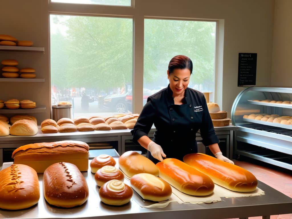  A photorealistic image showcasing Nancy Silverton in her bustling bakery, surrounded by a diverse team of bakers of different ages and backgrounds, kneading dough, shaping loaves, and pulling steaming trays of freshly baked bread out of the oven. The scene is filled with warm, golden light streaming in through large windows, highlighting the flourdusted workstations and rustic wooden shelves filled with artisanal bread. Nancy, with a focused yet content expression, is overseeing the operation with a sense of pride and passion for her craft, embodying the essence of reinventing bakery traditions in America. hyperrealistic, full body, detailed clothing, highly detailed, cinematic lighting, stunningly beautiful, intricate, sharp focus, f/1. 8, 85mm, (centered image composition), (professionally color graded), ((bright soft diffused light)), volumetric fog, trending on instagram, trending on tumblr, HDR 4K, 8K