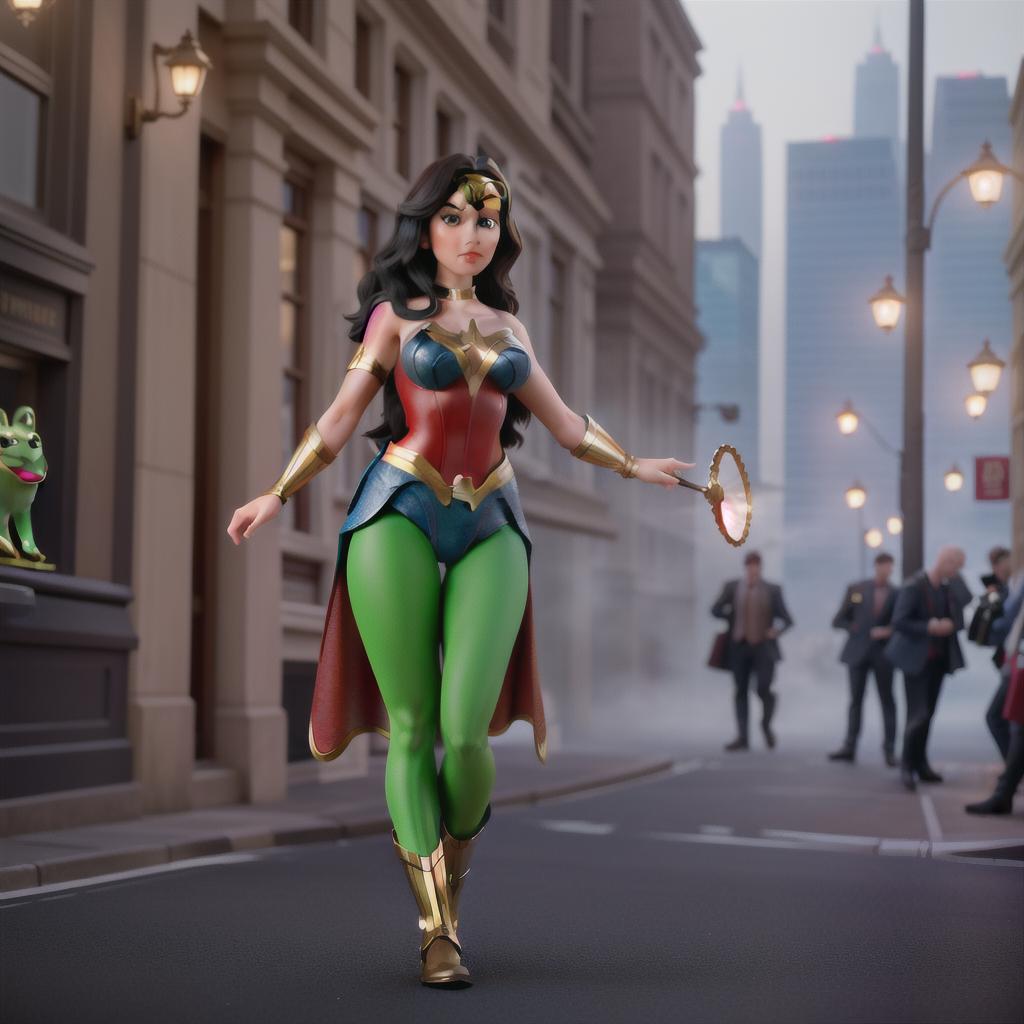  a frog dressed as Wonder Woman in the city. digital art hyperrealistic, full body, detailed clothing, highly detailed, cinematic lighting, stunningly beautiful, intricate, sharp focus, f\/1. 8, 85mm, (centered image composition), (professionally color graded), ((bright soft diffused light)), volumetric fog, trending on instagram, trending on tumblr, HDR 4K, 8K", hyperrealistic, full body, detailed clothing, highly detailed, cinematic lighting, stunningly beautiful, intricate, sharp focus, f/1. 8, 85mm, (centered image composition), (professionally color graded), ((bright soft diffused light)), volumetric fog, trending on instagram, trending on tumblr, HDR 4K, 8K