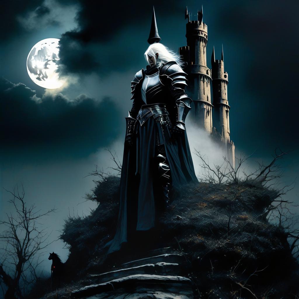  dystopian style Scene, wide shot, aerial view, a black Gothic tower with a balcony is standing in the lower right corner. On the balcony, there is a girl in a white dress with white hair and bare feet. From the upper left corner, a knight in black armor rides on a path towards the tower. This is happening at night under a full moon. In the frame, there should be a knight in black armor. . bleak, post apocalyptic, somber, dramatic, highly detailed hyperrealistic, full body, detailed clothing, highly detailed, cinematic lighting, stunningly beautiful, intricate, sharp focus, f/1. 8, 85mm, (centered image composition), (professionally color graded), ((bright soft diffused light)), volumetric fog, trending on instagram, trending on tumblr, HDR 4K, 8K