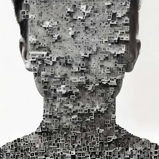 dublex style A4 paper, partly b&w, man wearing glasses, man built from medium sized contrasted puzzle pieces, several missing puzzle pieces, nature background